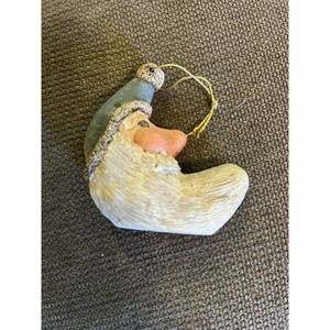 HTF Vintage Gail Laura SANTA Claus Face Ornament Green Hat Moon Shape